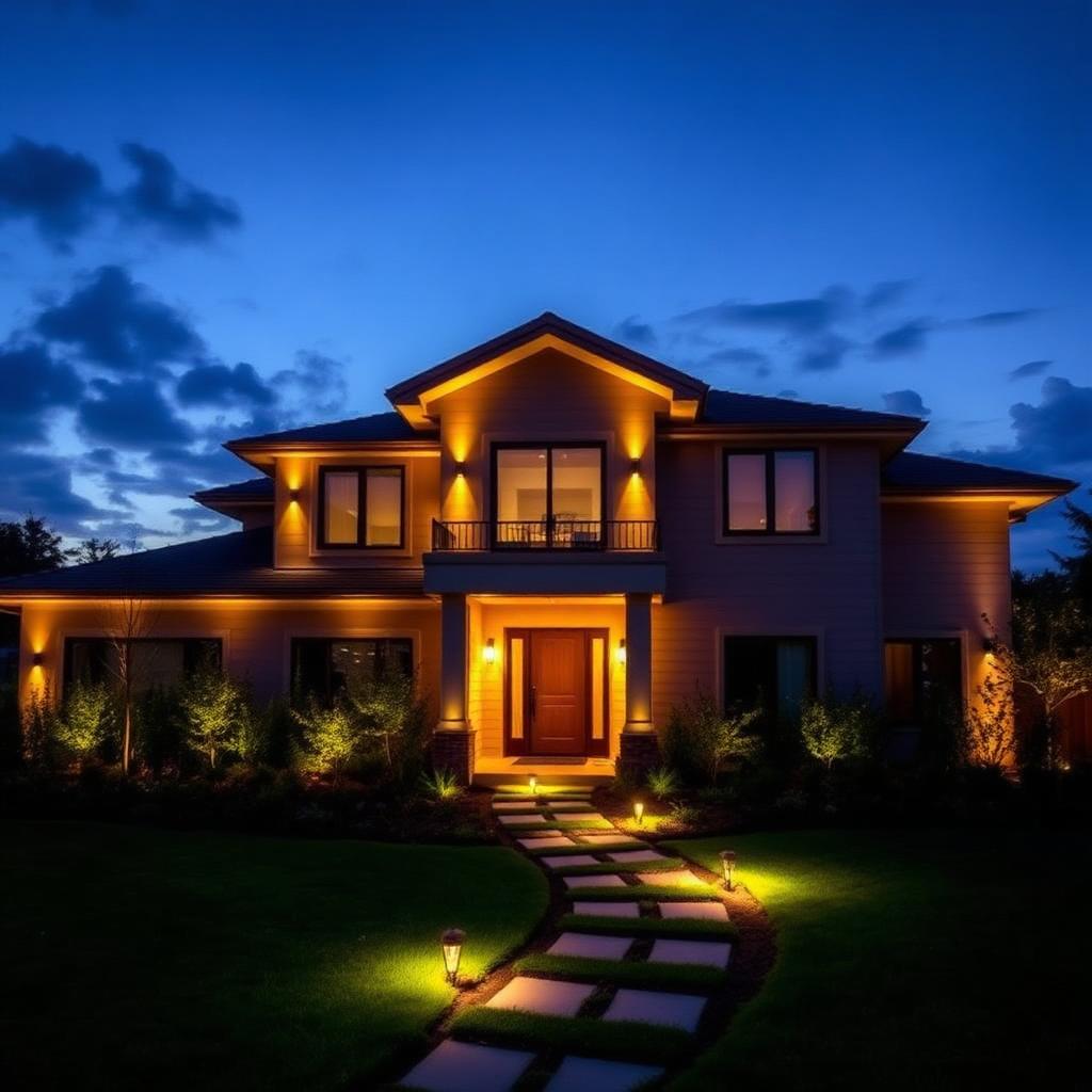 Titans Electrical outdoor lighting on a modern home at twilight